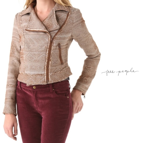 Free People Jacquard Tapestry Moto Jacket Western Equestrian Brown Boho - Size 8 - Picture 1 of 14